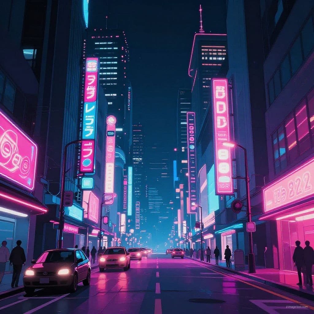 Cyberpunk city street at night with neon lights, anime style, vibrant colors.